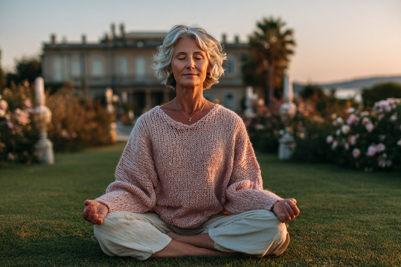 Femeie în vârstă practicând yoga în natură