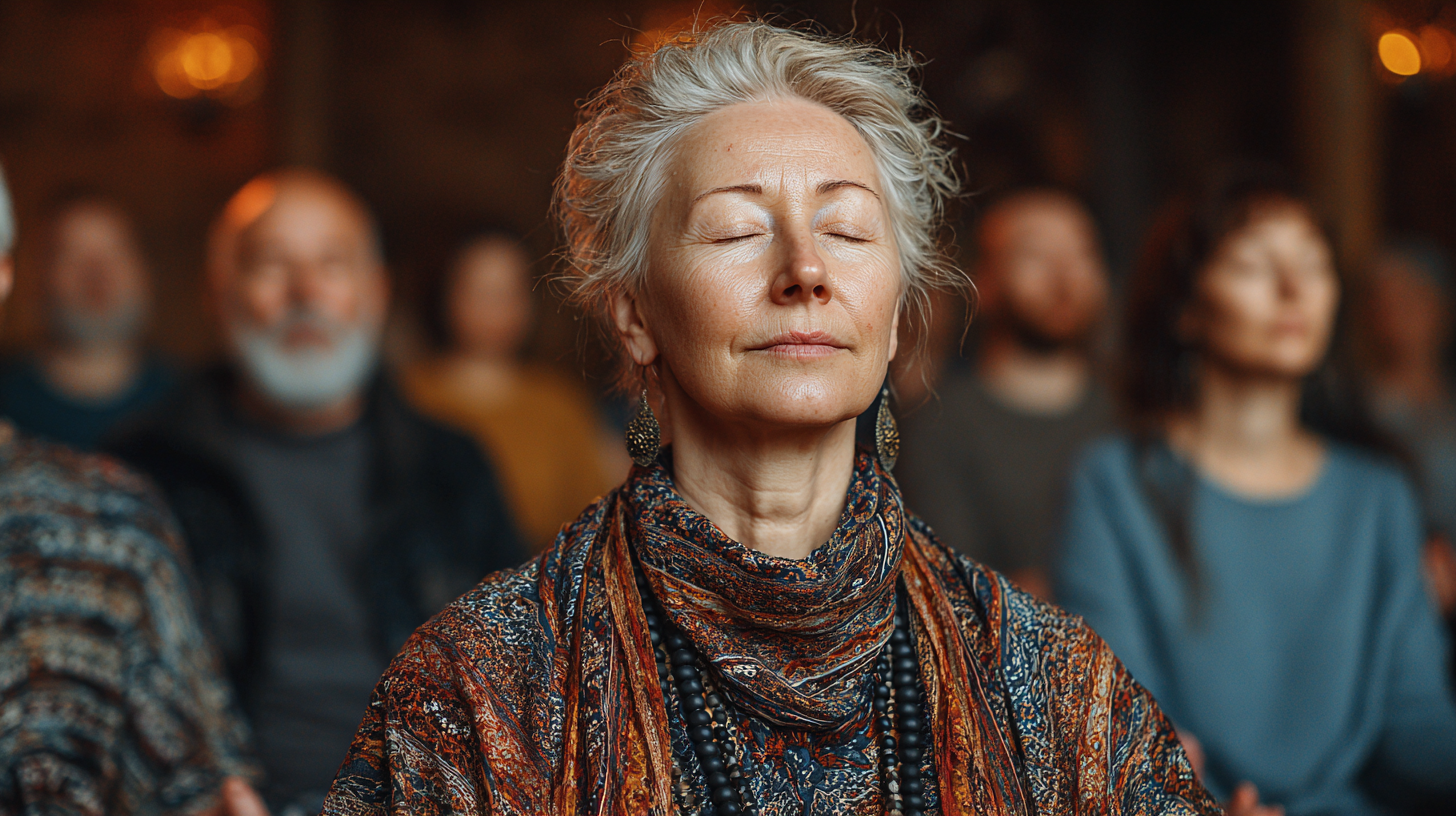 Grup de vârstnici practicând yoga împreună în studio